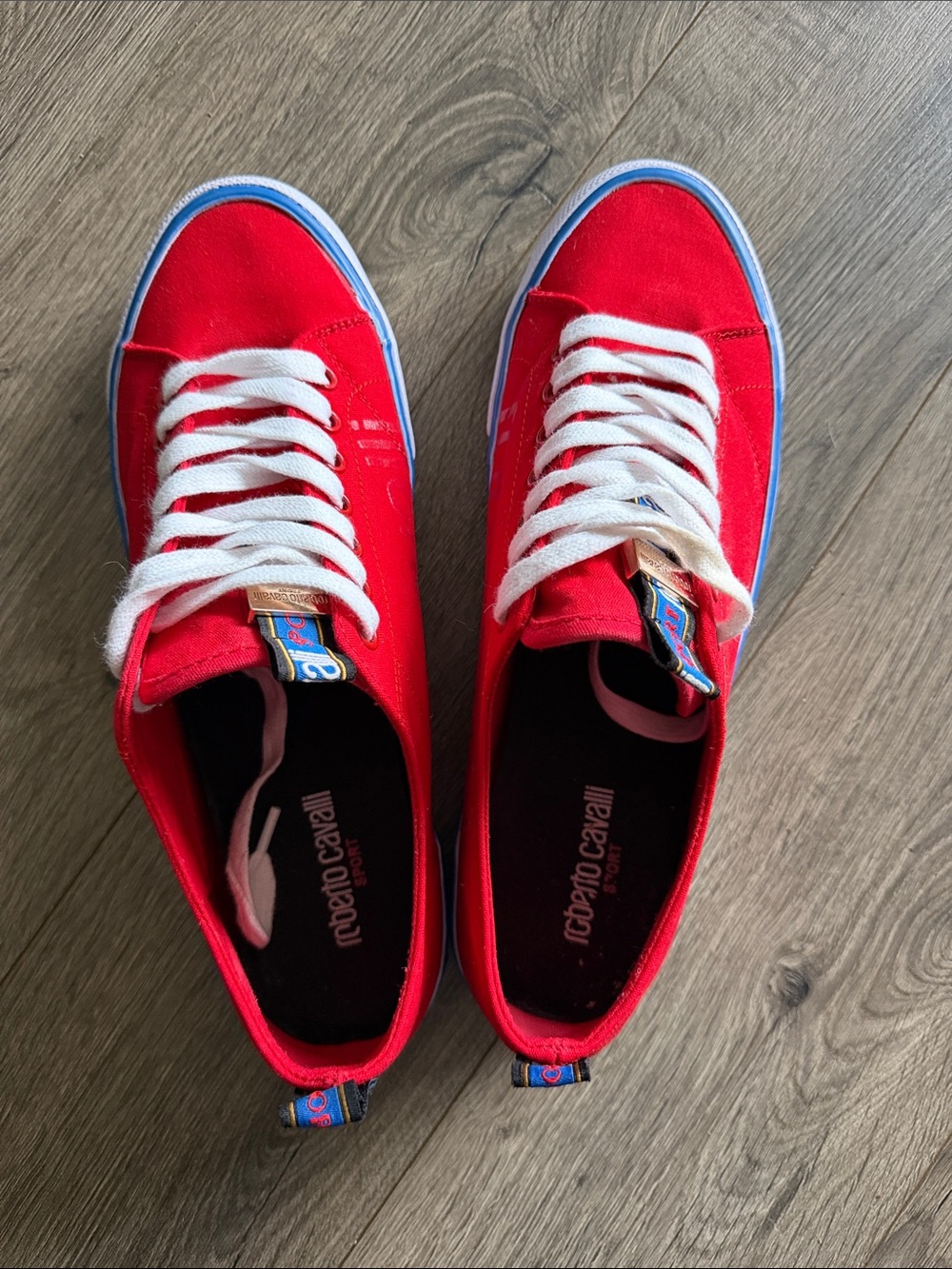 Roberto Cavalli Kids Red Canvas Sneakers with White Laces and Blue Trim
